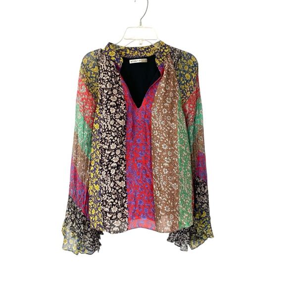 Alice + Olivia Prija Wide Sleeve Blouse bohemian size XS Green Red Blue - Picture 1 of 11